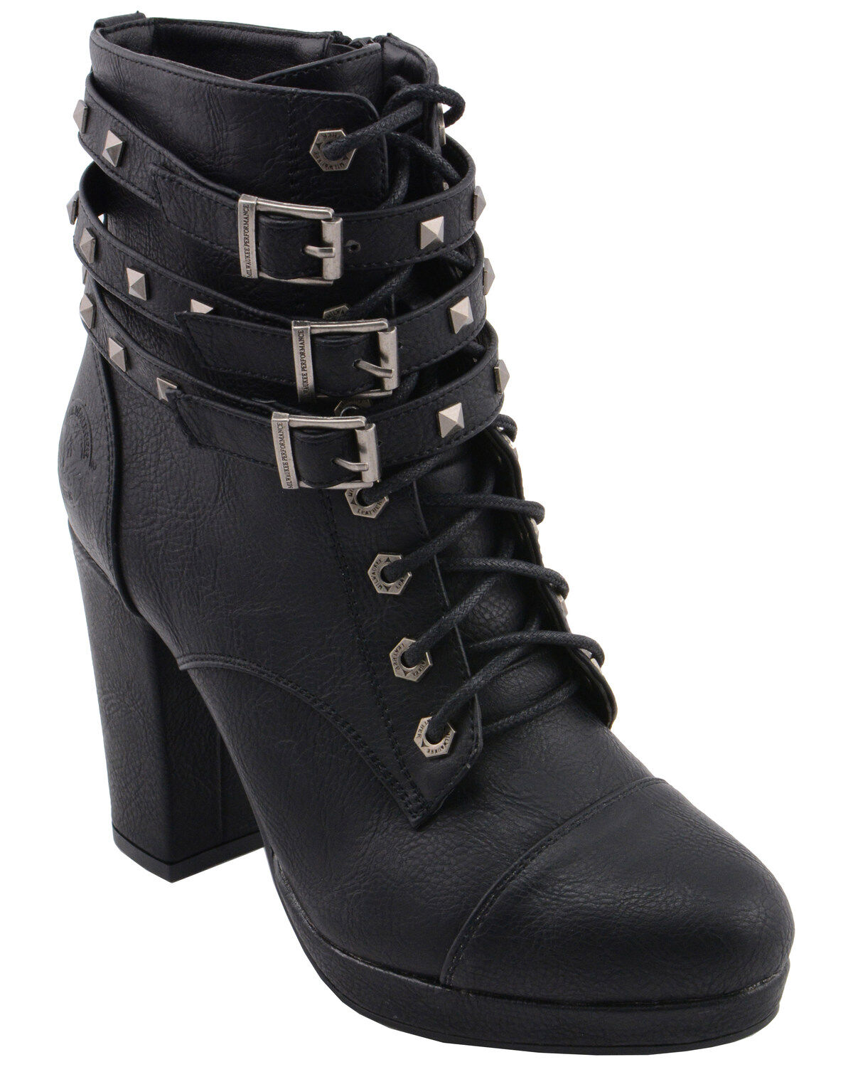Women's Milwaukee Leather Studded Buckle Strap Laced Boots - Round Toe