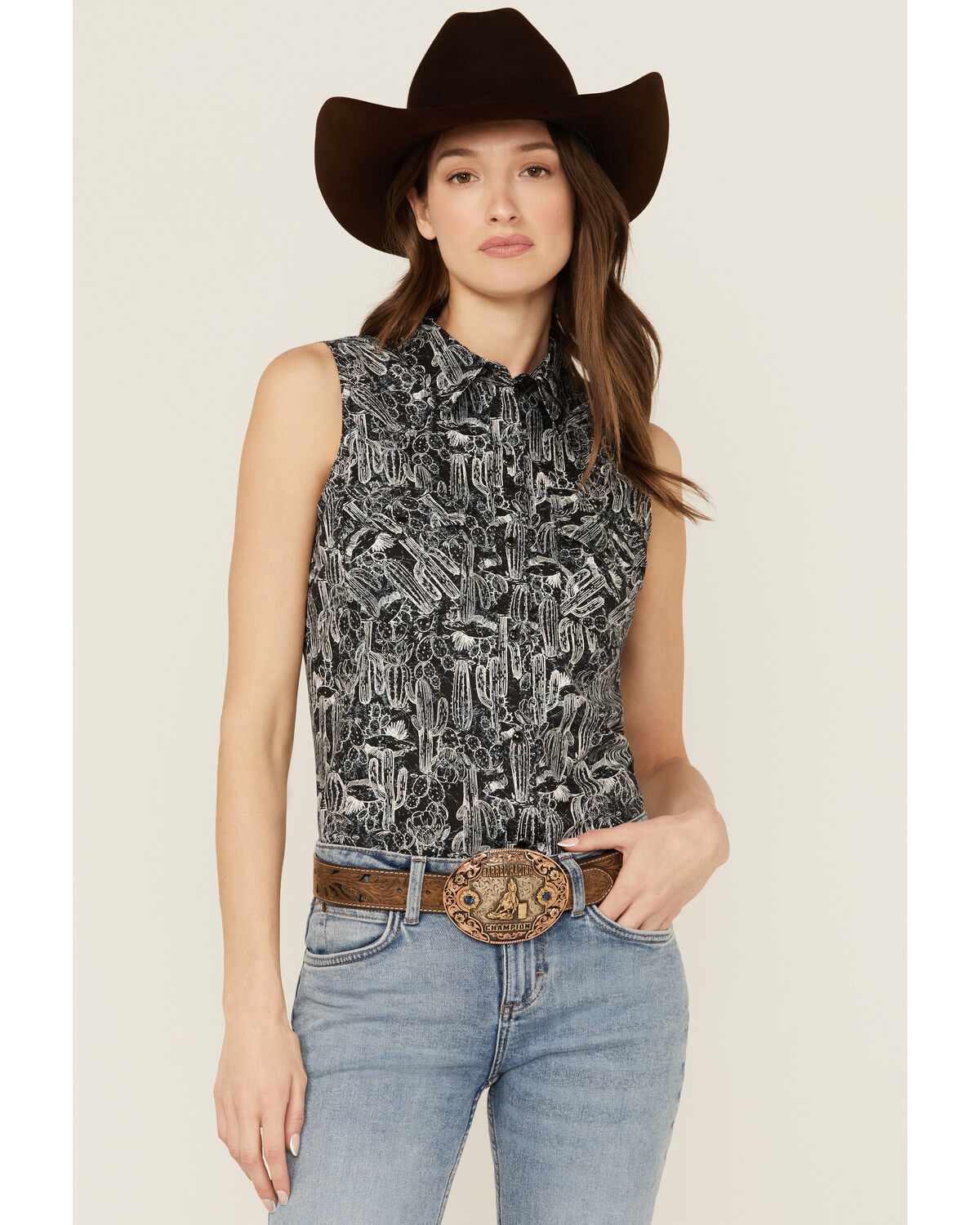 Women's Wrangler Cactus Print Sleeveless Snap Western Shirt