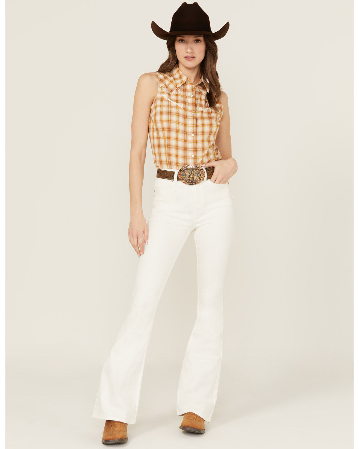 Women's Wrangler Retro Plaid Print Sleeveless Snap Western Shirt