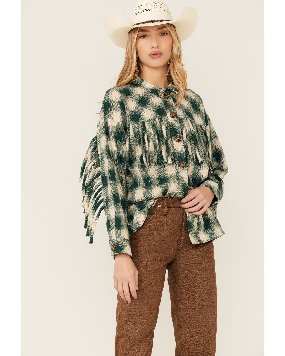 Women's Entro Green Plaid Fringe Yoke Shacket