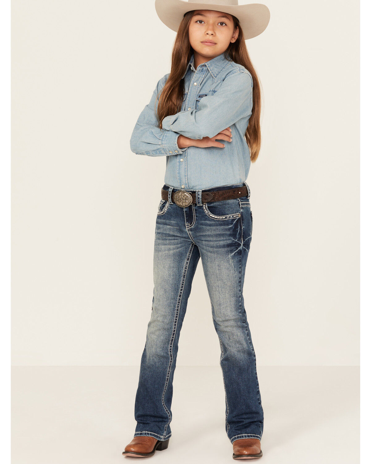 Girls' Shyanne Medium Wash Double Horseshoe Pocket Bootcut Stretch Den