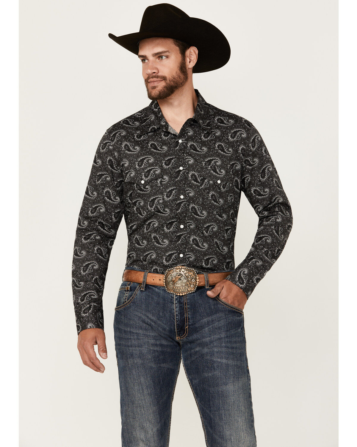 Men's Rock & Roll Denim Paisley Print Long Sleeve Snap Stretch Western