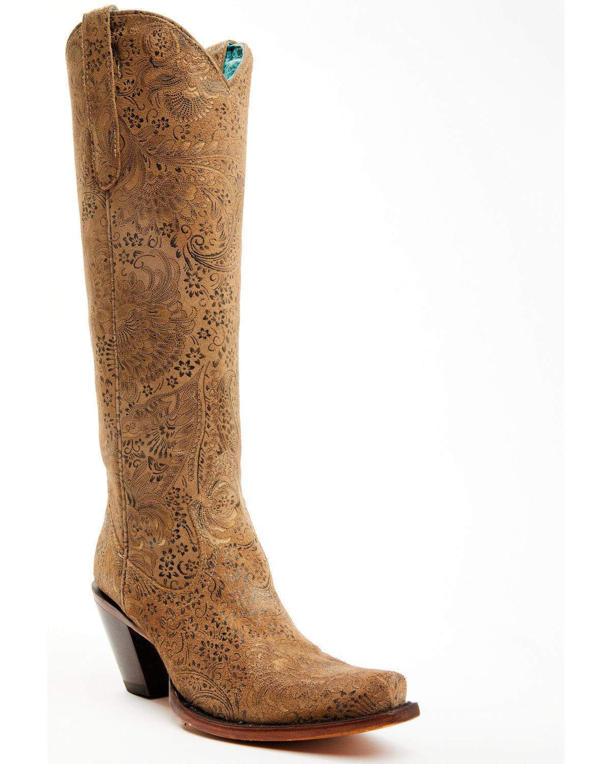 Women's Corral Stamped Floral Suede Tall Western Boots - Snip Toe