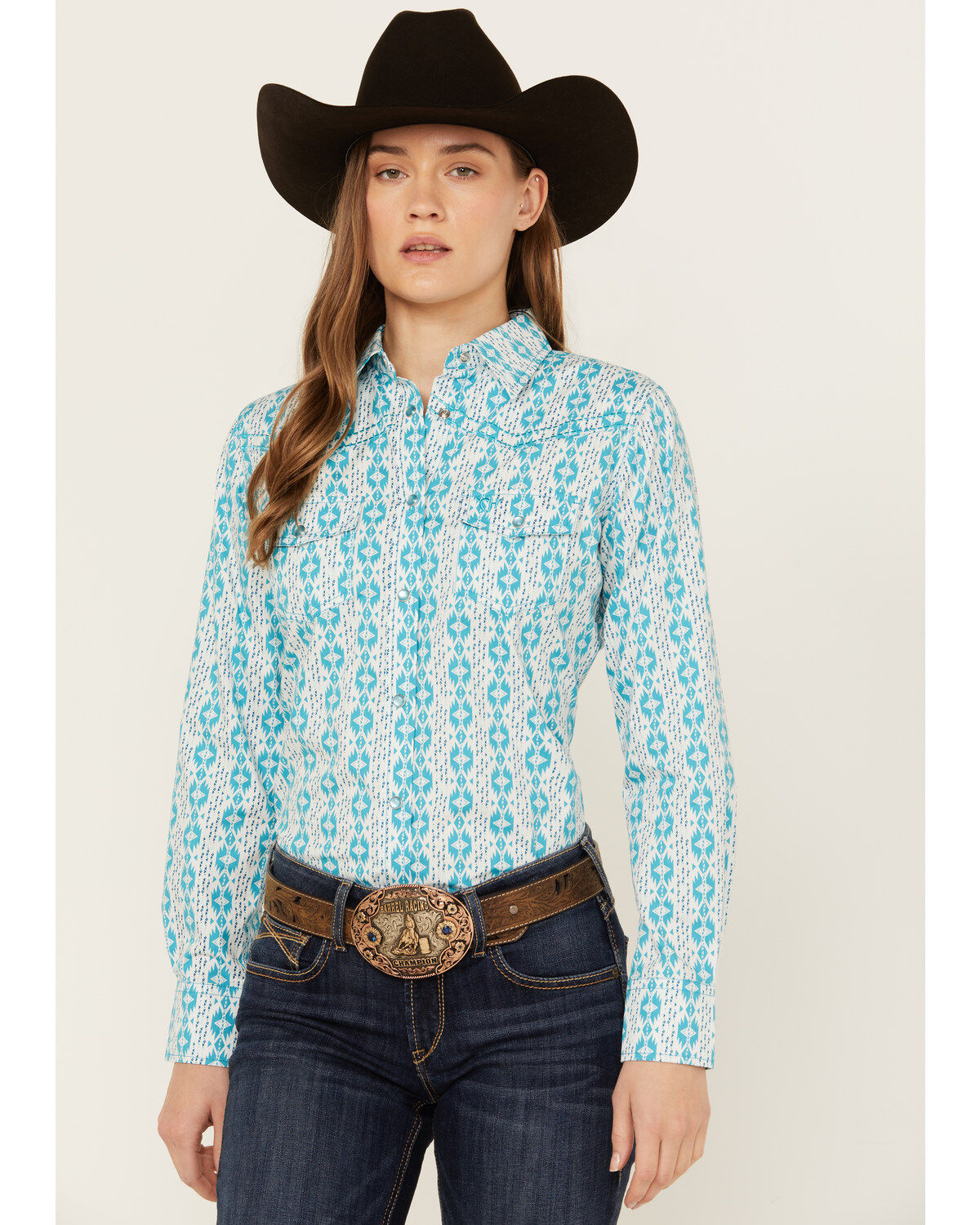 Women's Cowboy Hardware Southwestern Print Long Sleeve Snap Western Sh