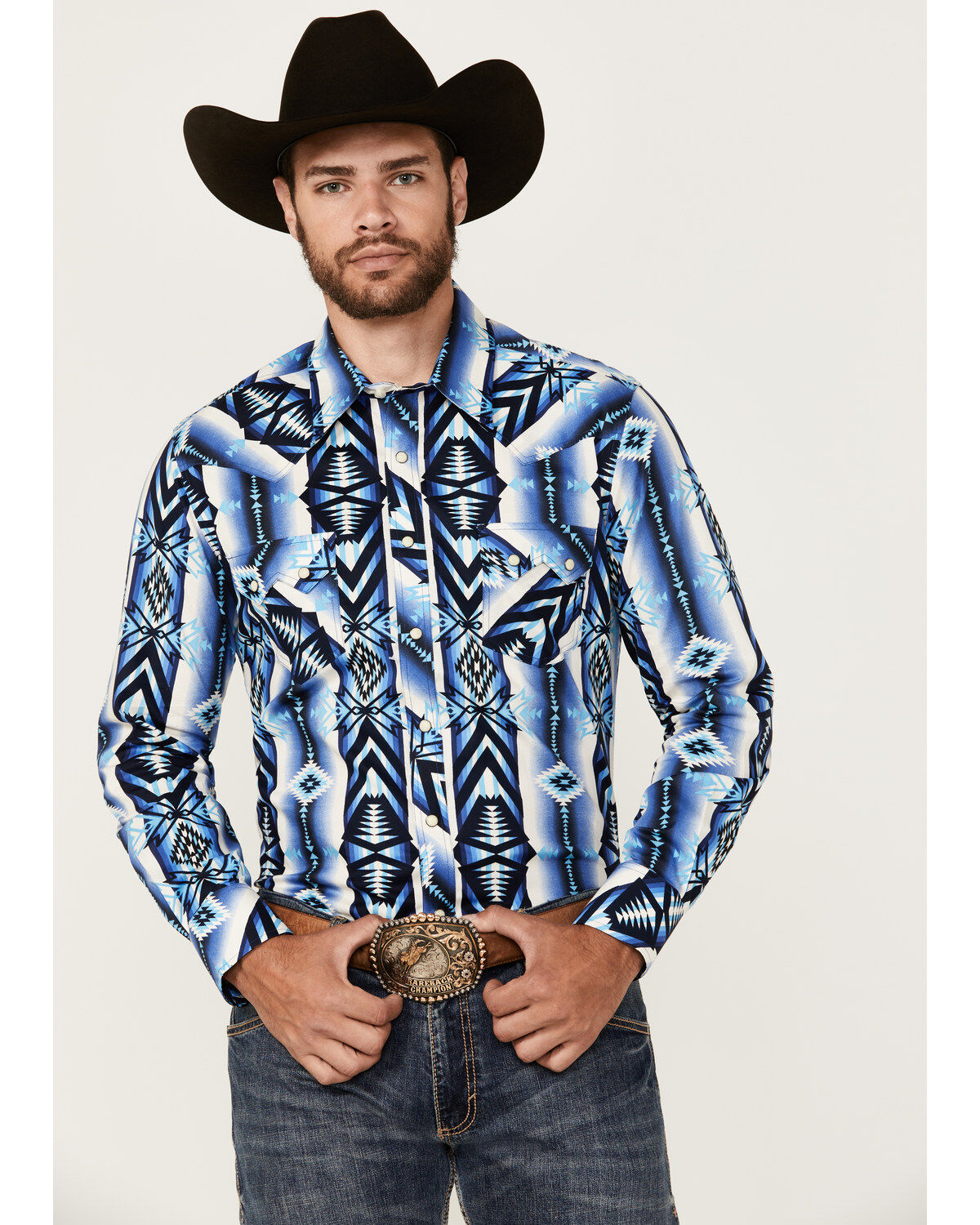 Men's Rock & Roll Denim Southwestern Print Long Sleeve Snap Stretch We