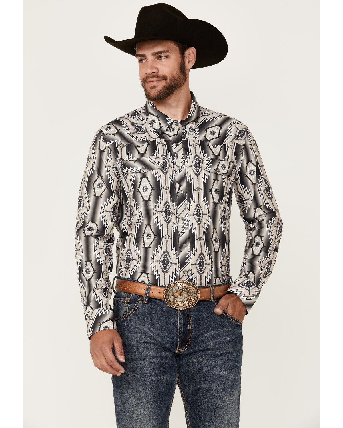 Men's Rock & Roll Denim Tek Southwestern Print Long Sleeve Snap Wester