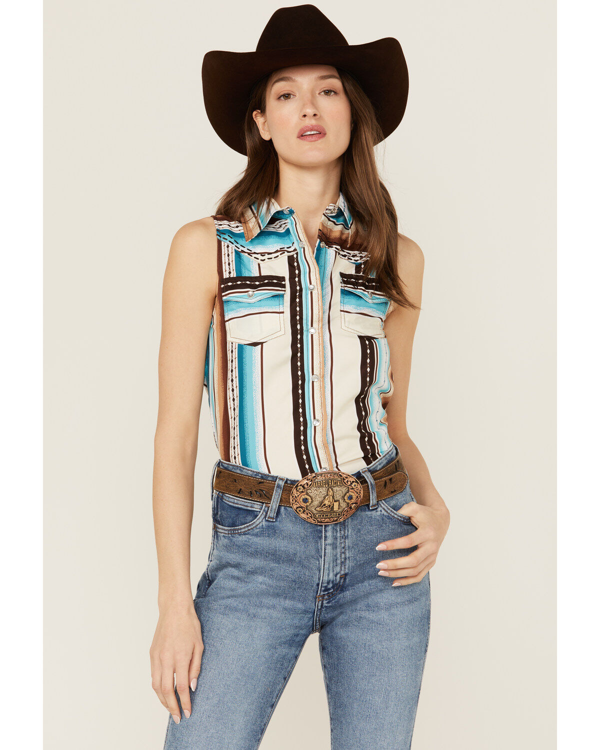 Women's Cowgirl Hardware Serape Striped Sleeveless Snap Western Shirt