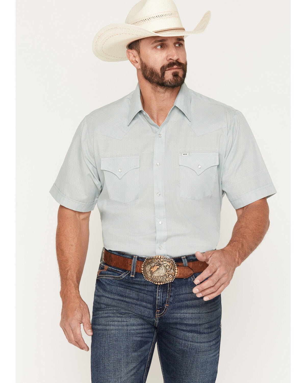 Men's Ely Walker Chambray Solid Short Sleeve Pearl Snap Western Shirt