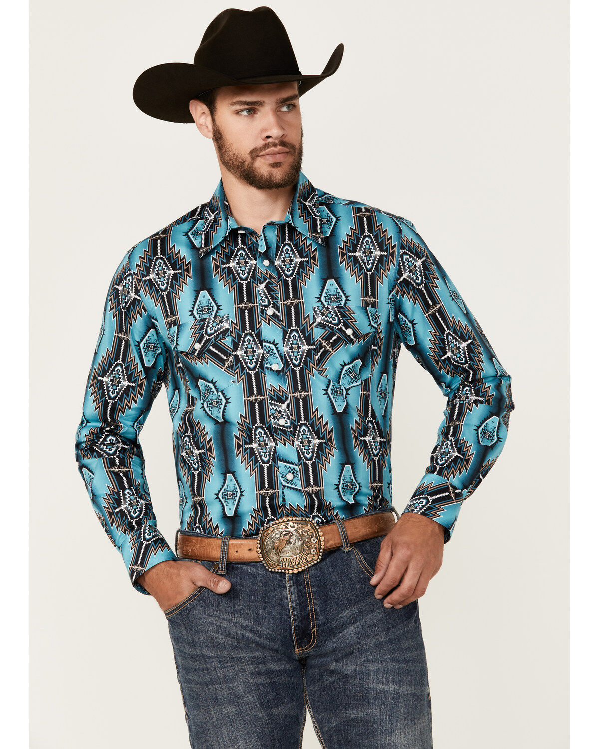 Men's Rock & Roll Denim Southwestern Print Long Sleeve Snap Stretch We