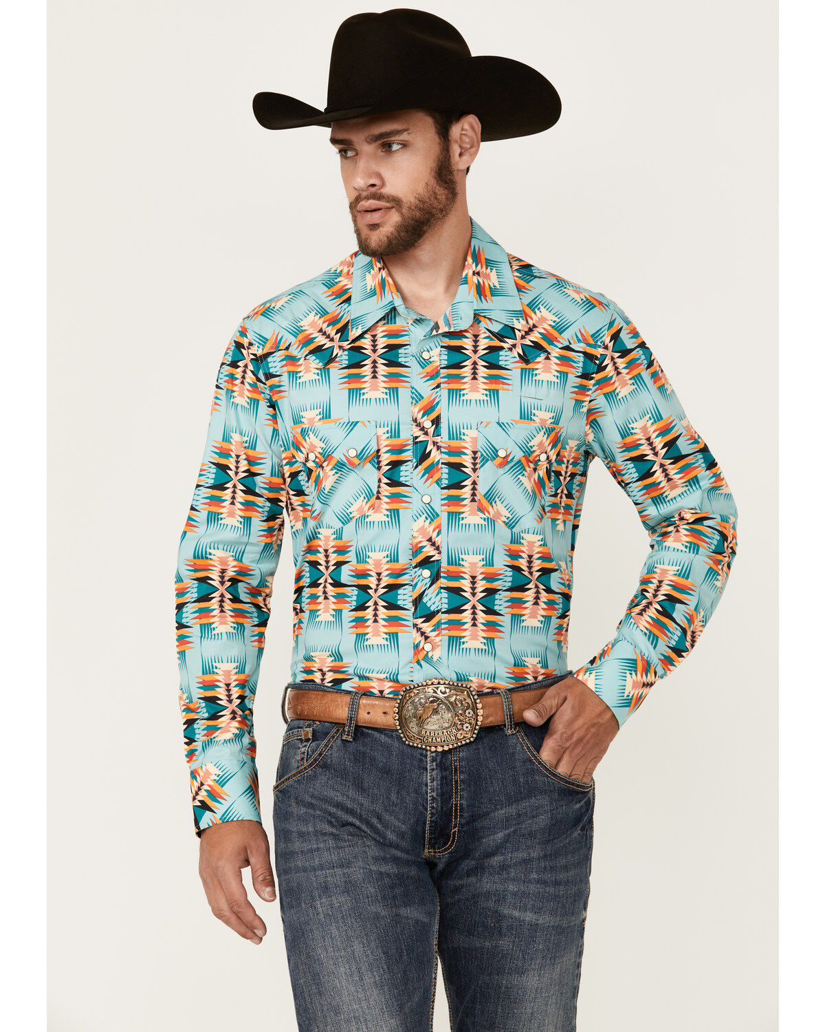 Men's Rock & Roll Denim Southwestern Print Long Sleeve Snap Stretch We
