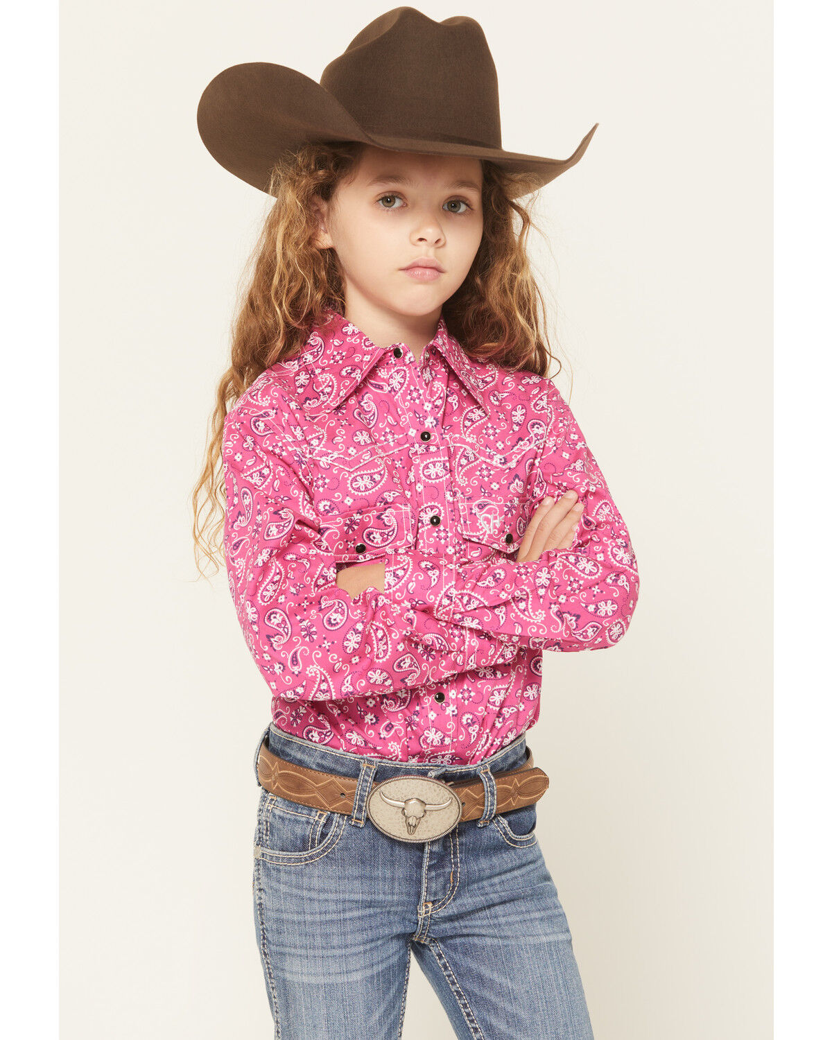 Girls' Cowgirl Hardware Bandana Paisley Print Long Sleeve Snap Stretch