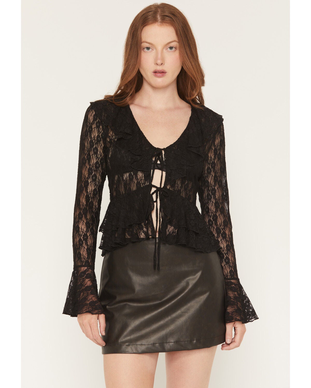 Women's Ash & Violet Lace Long Sleeve Tie-Front Top