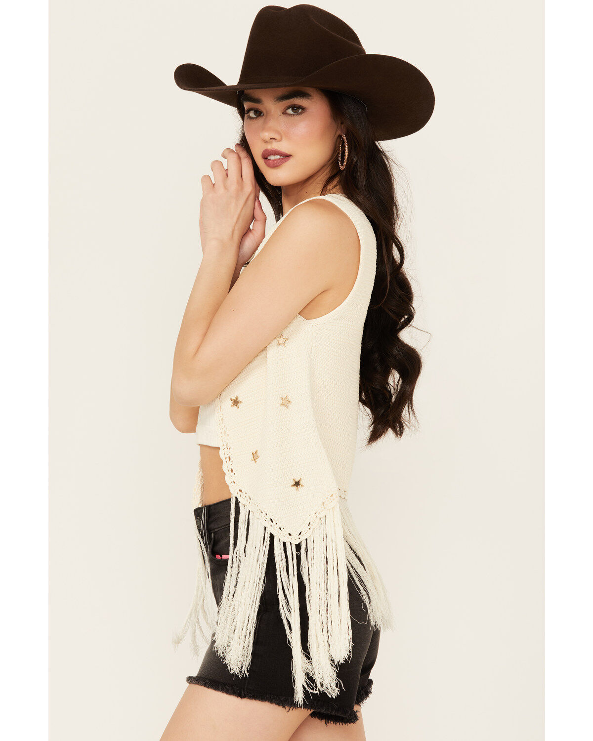 Women's Blue B Star Crochet Fringe Vest