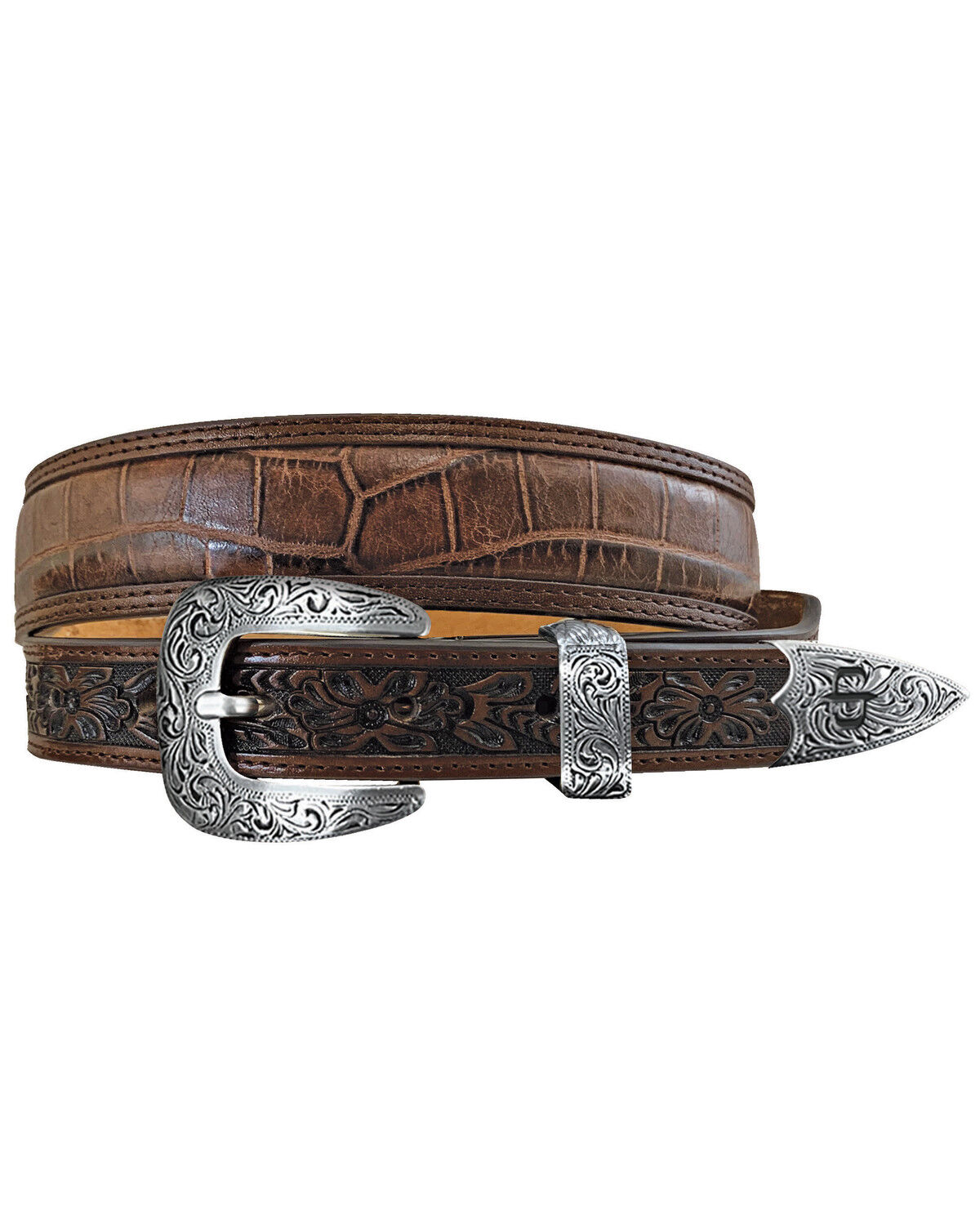 Men's Stetson Crocodile Print Tooled Leather Belt
