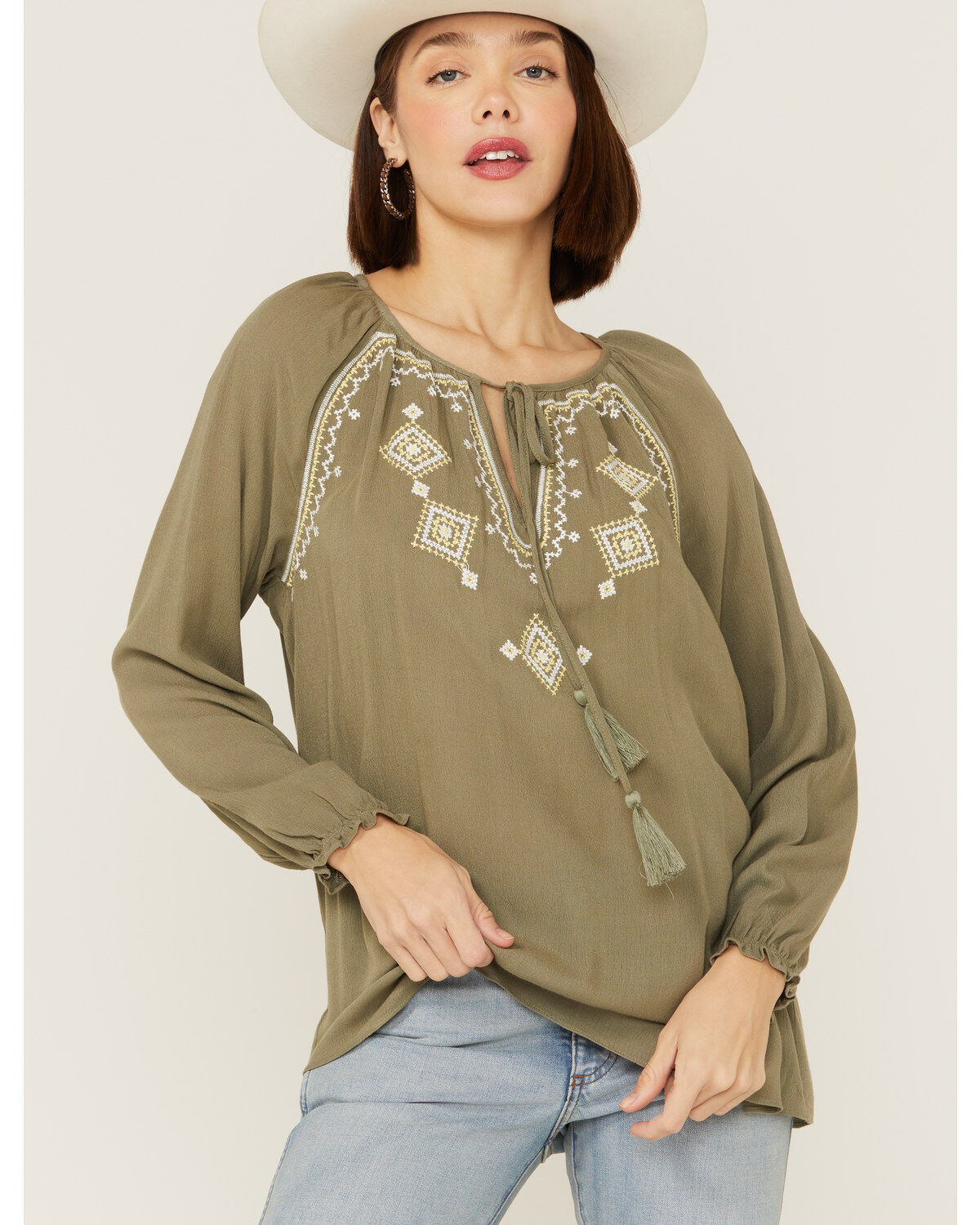 Women's Miss Me Olive Embroidered Southwestern Tassel Top