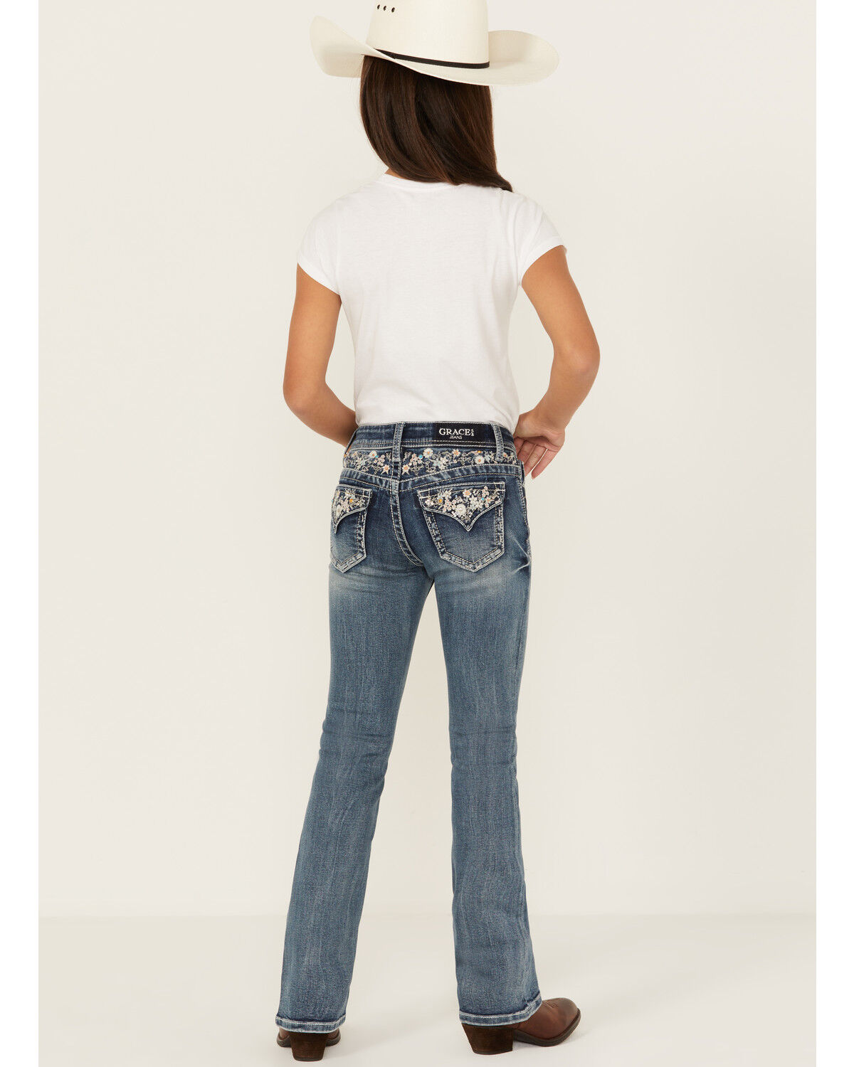 Girls' Grace in LA Medium Wash Floral Embroidered Stretch Bootcut Jean