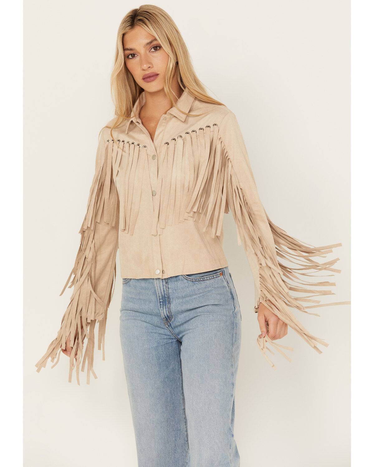 Women's Blue B Grommet Faux Suede Fringe Jacket