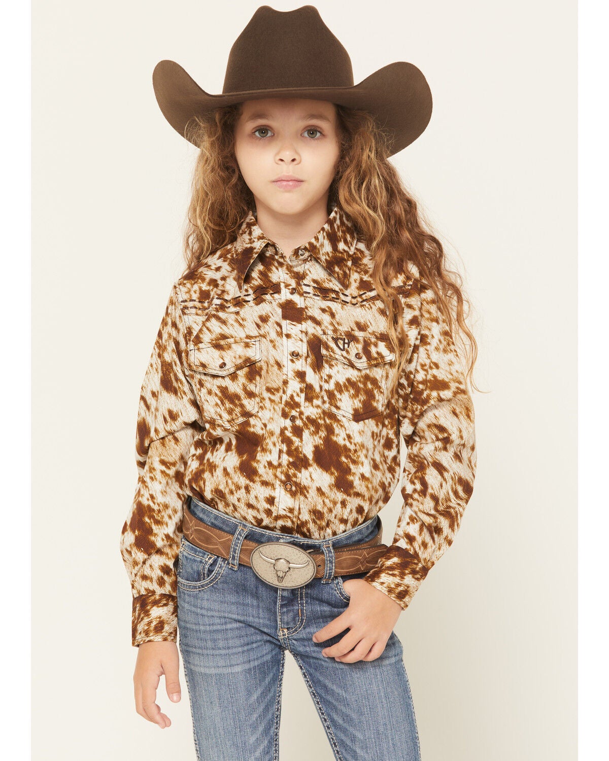 Girls' Cowgirl Hardware Cowhide Print Long Sleeve Pearl Snap Stretch W