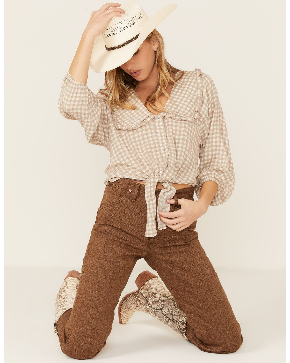 Women's Wild Moss Gray Gingham Large Collar Button Down Shirt
