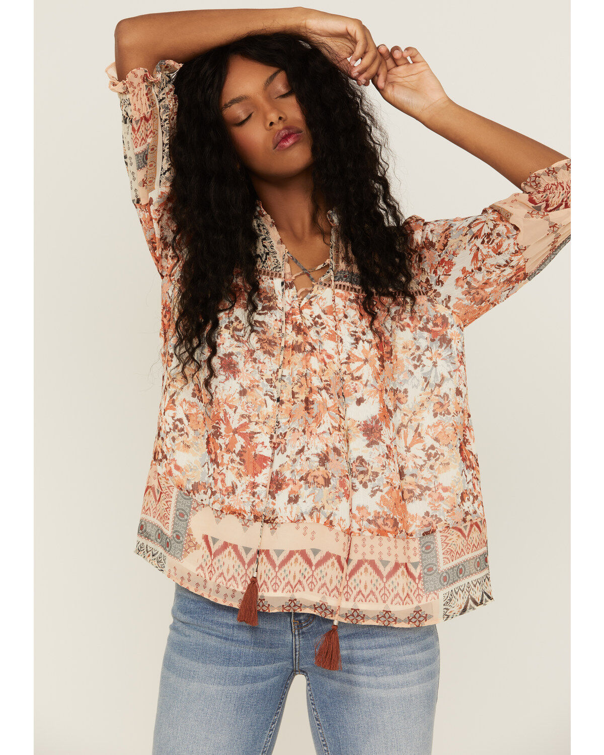 Women's Miss Me Mauve Patchwork Peasant Tassel Top