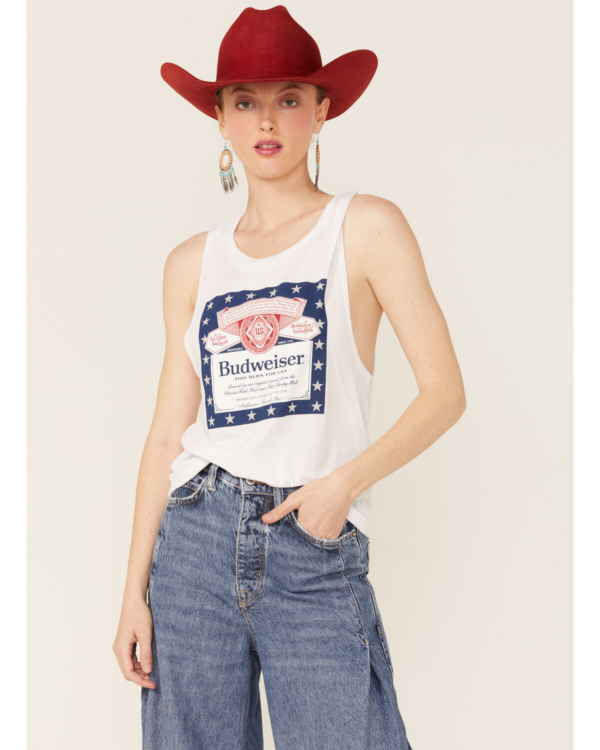 Women's Brew City Beer Gear White Patriotic Budweiser Graphic Muscle T