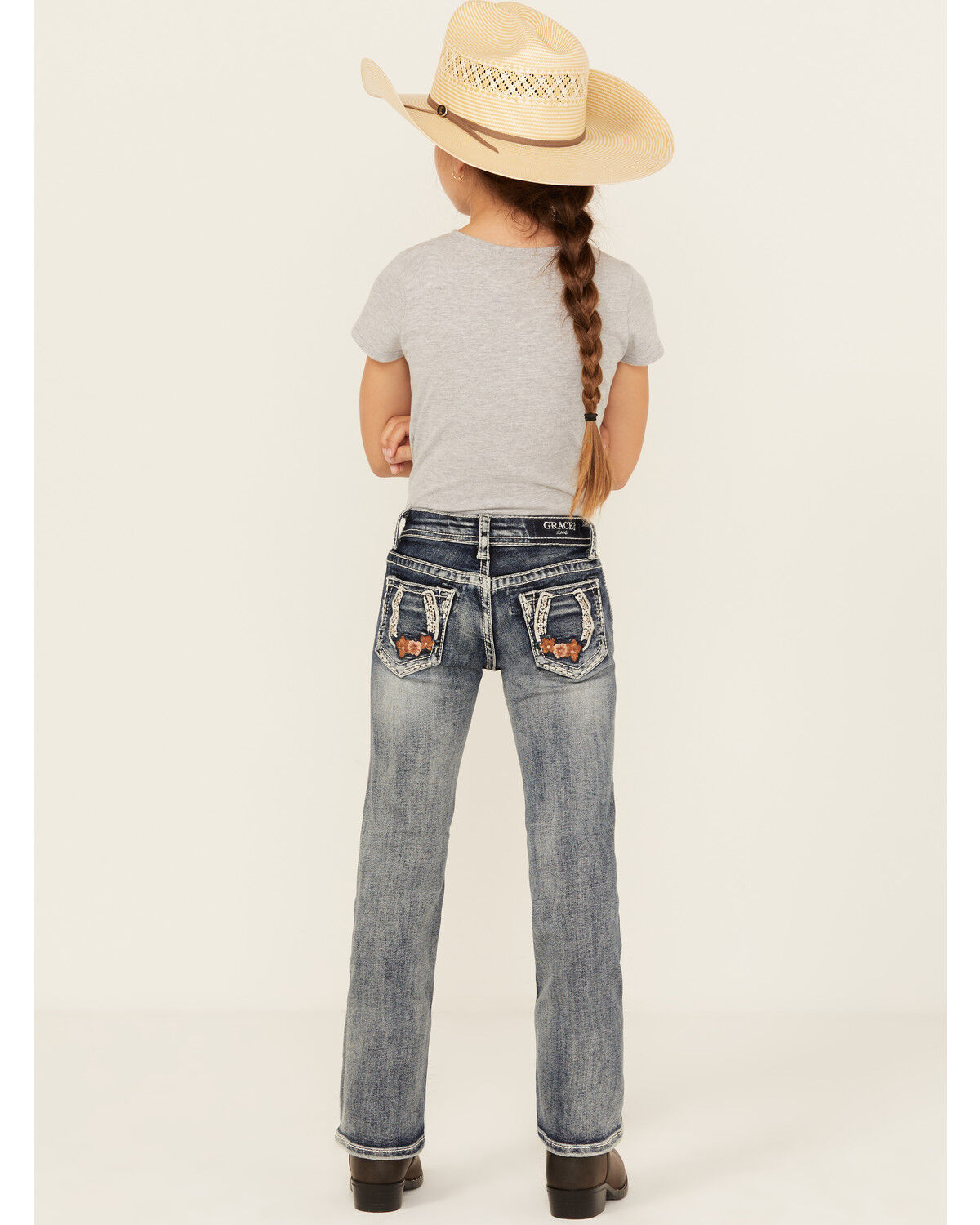 Girls' Grace in LA Little Light Wash Horseshoe Floral Bootcut Denim Je