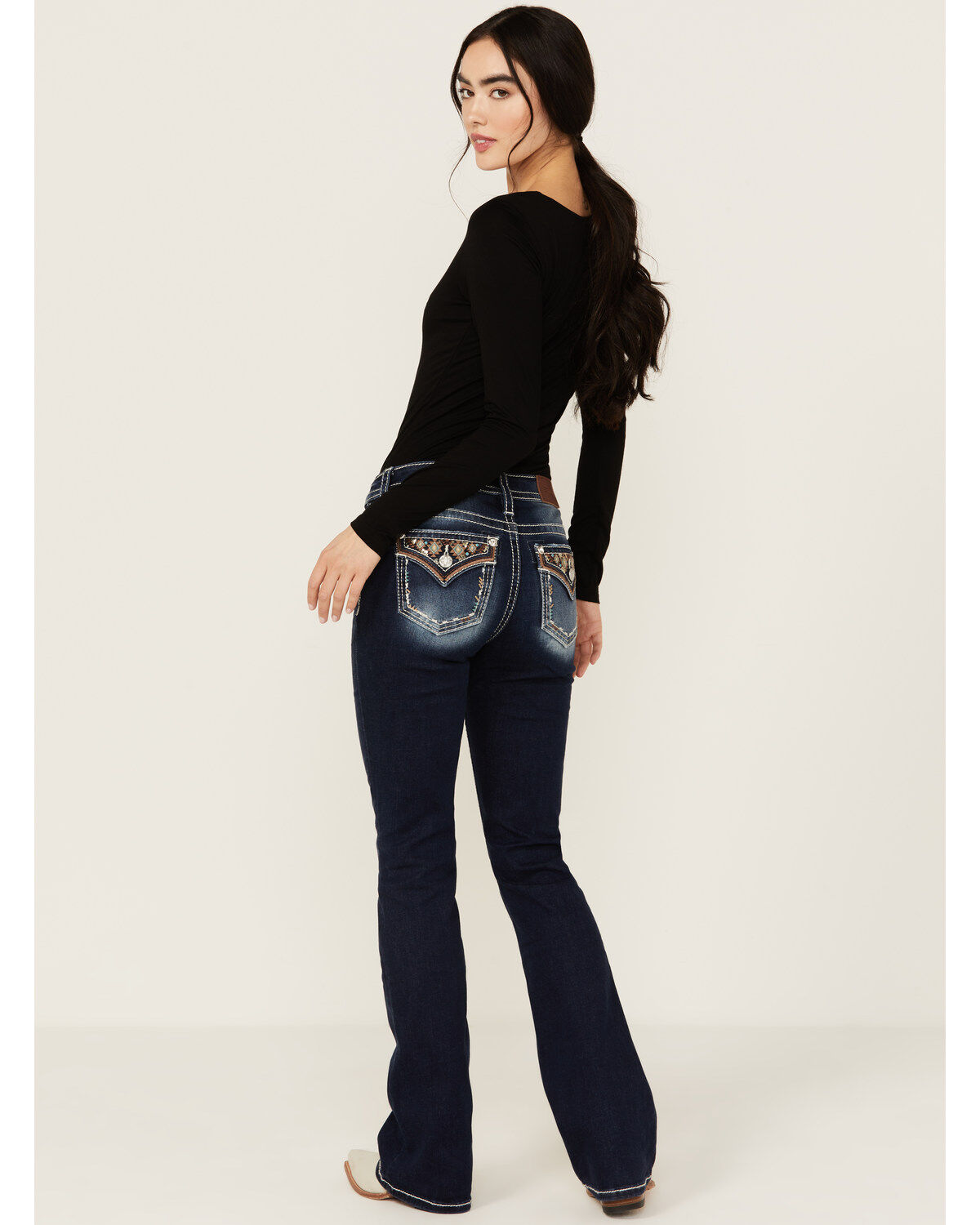 Women's Miss Me Dark Wash Geo Print Faux Flap Pocket Mid Rise Bootcut