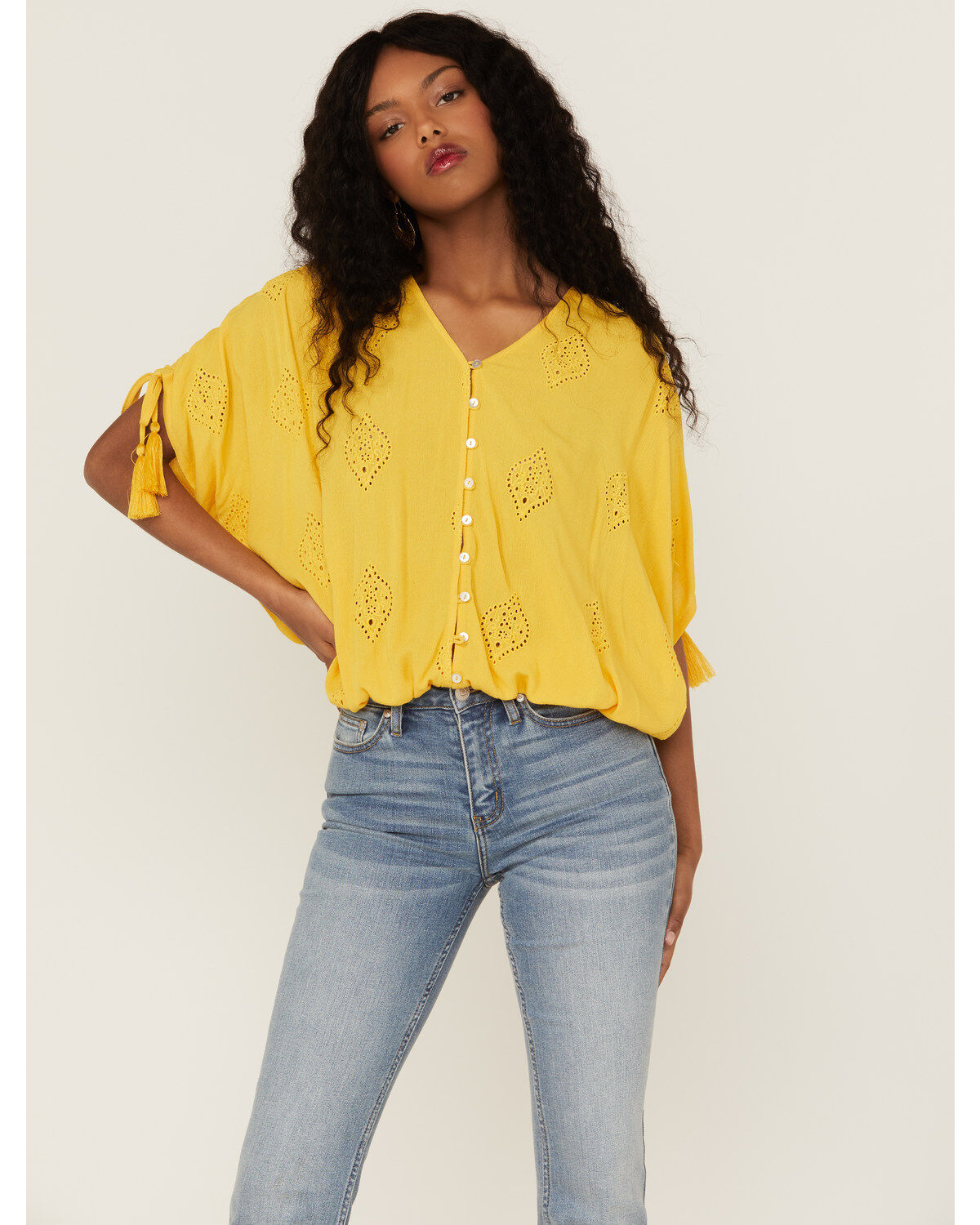 Women's Miss Me Mustard Button Front Embroidered Tassel Trim Top