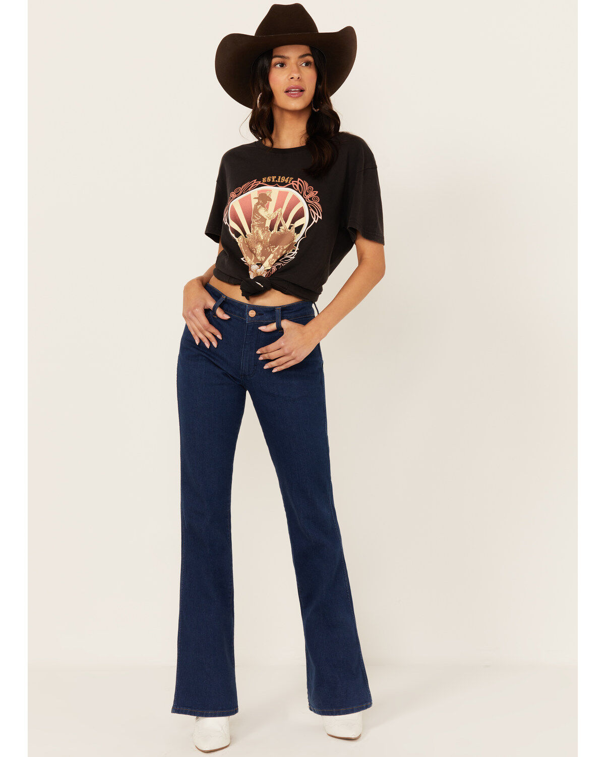 Women's Wrangler Dark Westward Mid Rise Bootcut Denim Stretch Jeans
