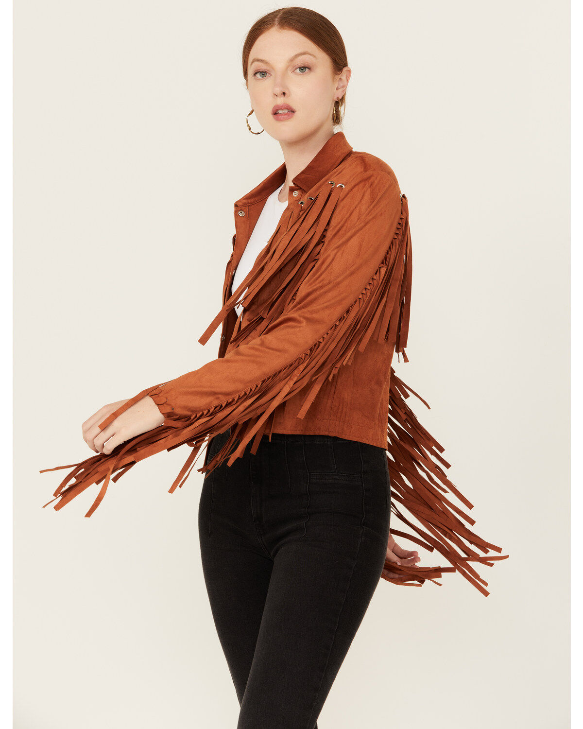 Women's Blue B Grommet Faux Suede Fringe Jacket