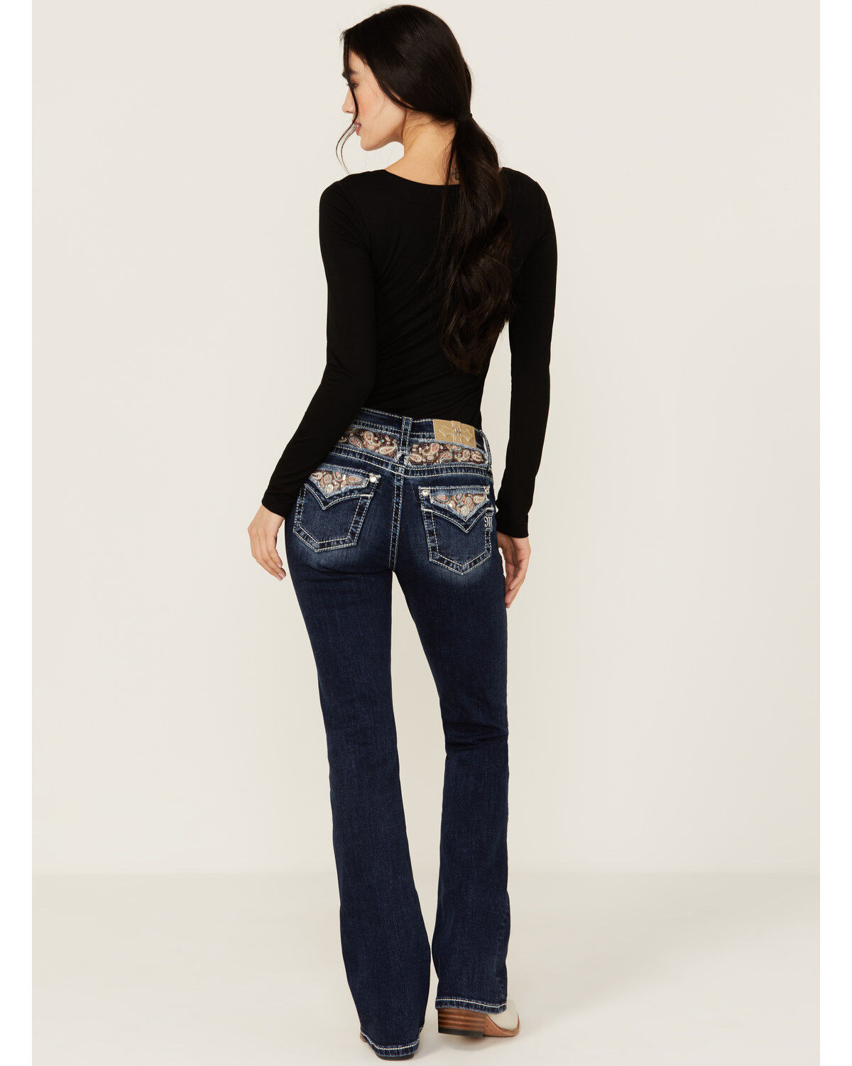 Women's Miss Me Dark Wash Faux Flap Sequin Paisley Pocket Mid Rise Boo