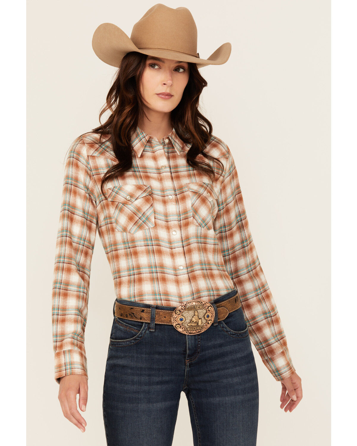 Women's Wrangler Plaid Print Long Sleeve Pearl Snap Western Shirt