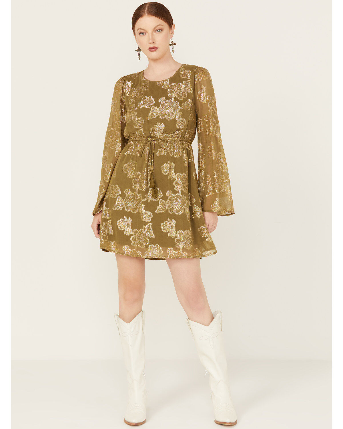 Women's En Creme Floral Metallic Long Sleeve Mini Dress