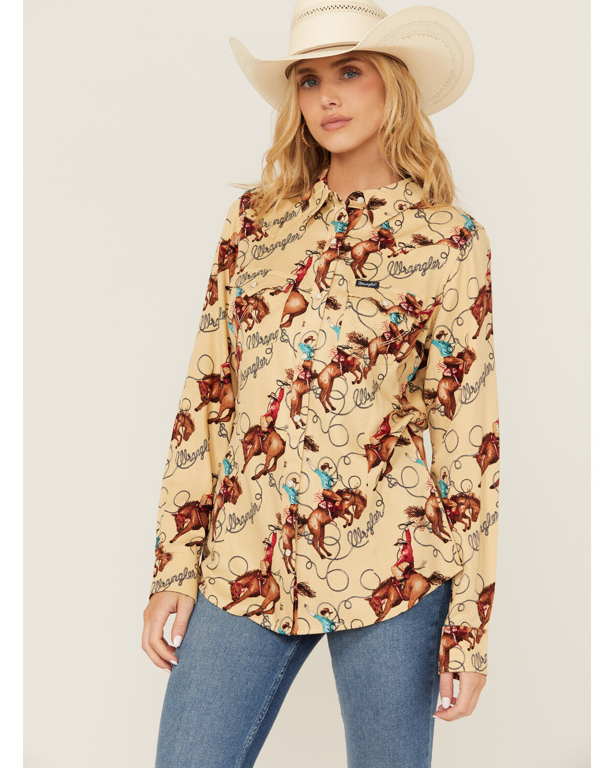 Women's Wrangler Retro Conversation Print Long Sleeve Snap Western Shi