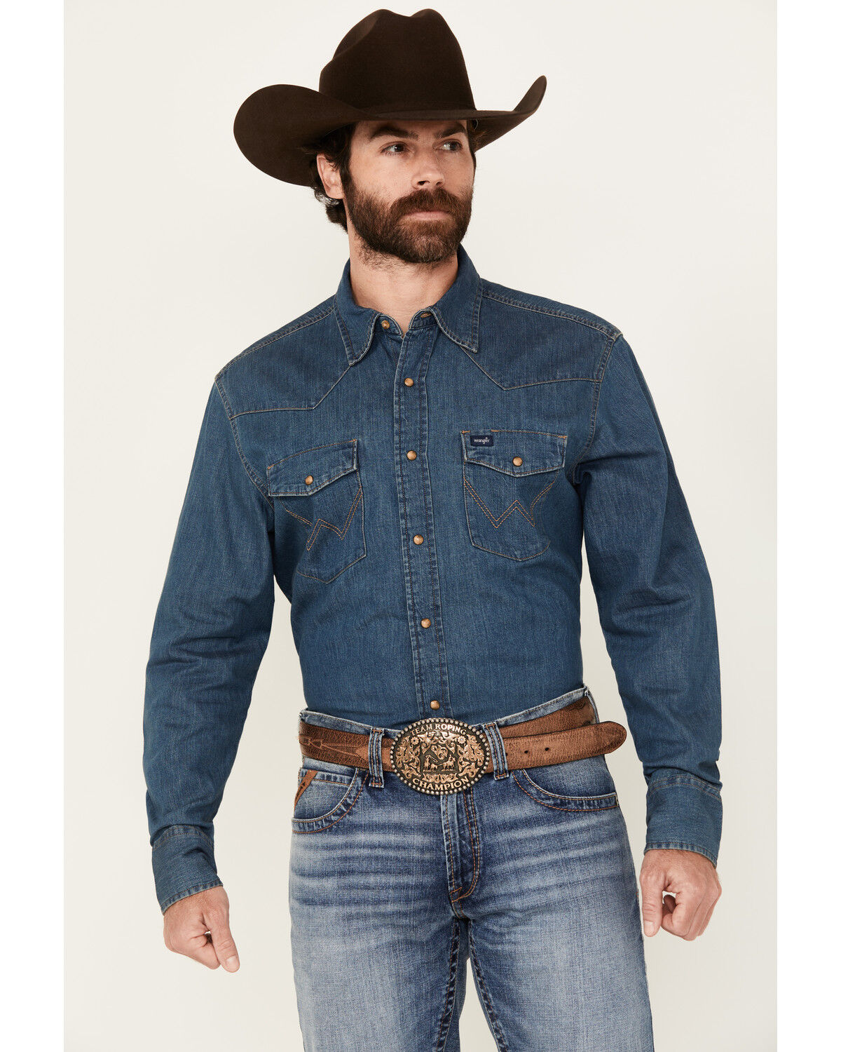 Men's Wrangler Dark Wash Denim Long Sleeve Snap Western Shirt