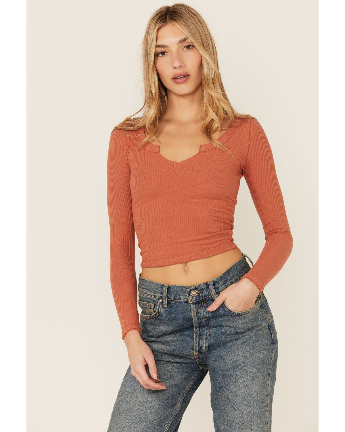 Women's Wild Moss Solid Long Sleeve Raw Edge Ribbed Knit Top