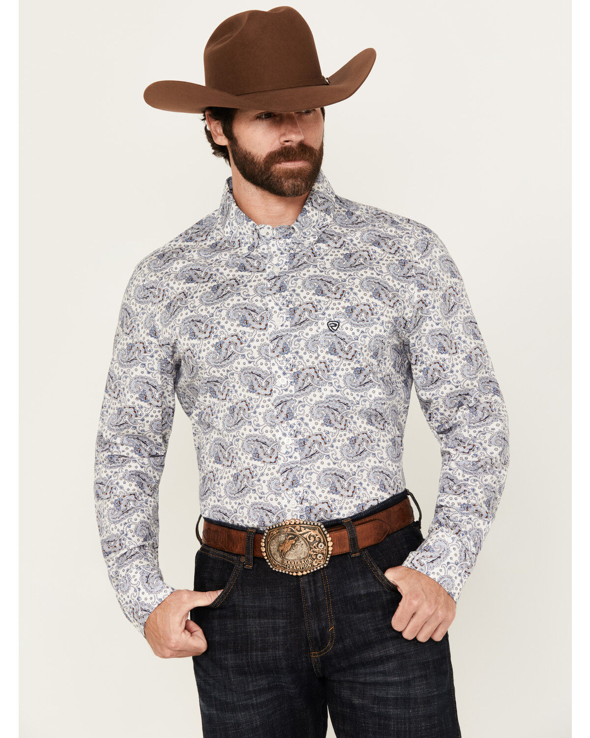 Men's Rock & Roll Denim Paisley Print Long Sleeve Button-Down Stretch