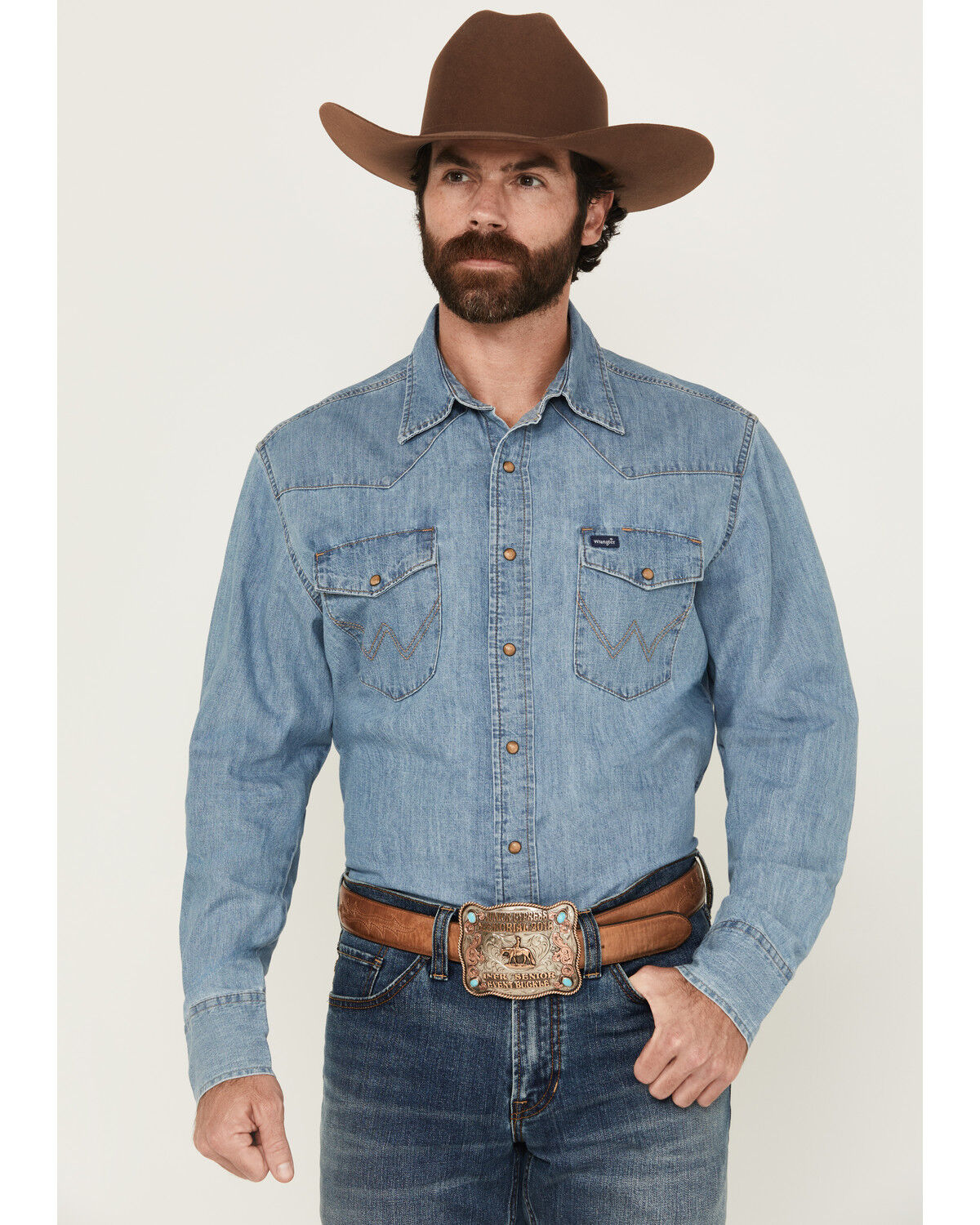 Men's Wrangler Light Wash Denim Long Sleeve Snap Western Shirt