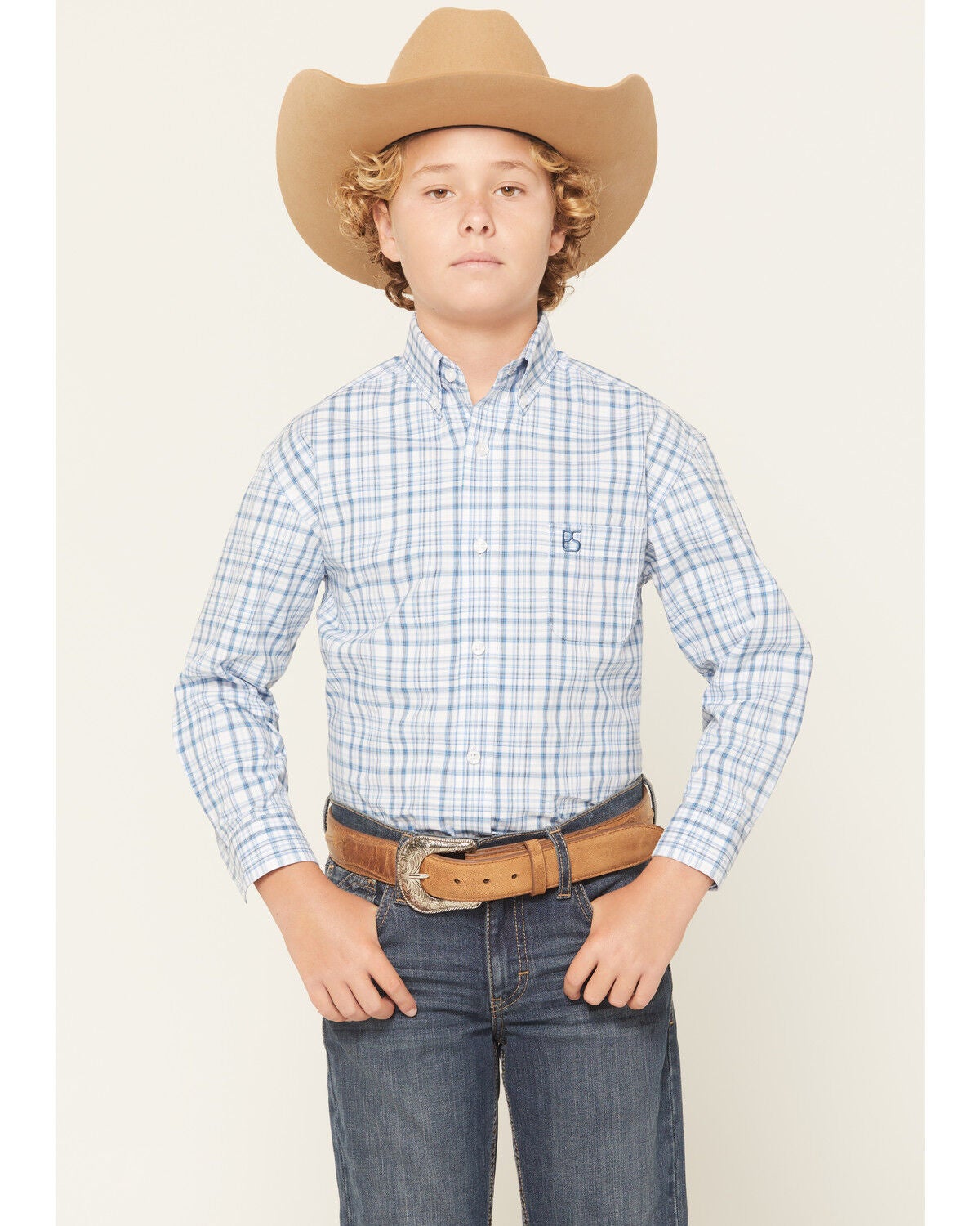 Boys' Panhandle Slim Plaid Print Long Sleeve Button-Down Stretch Weste