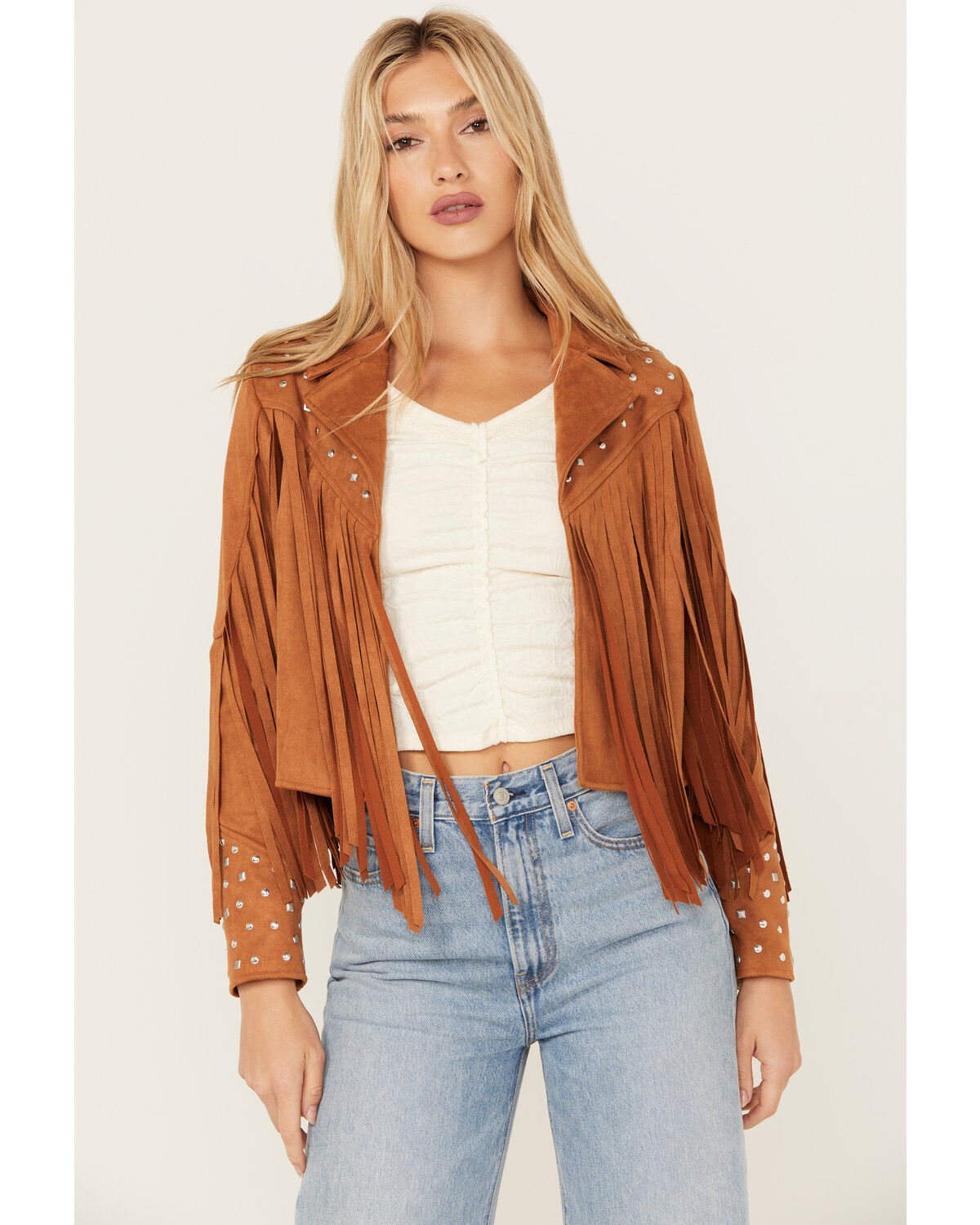 Women's Blue B Studded Fringe Faux Suede Jacket