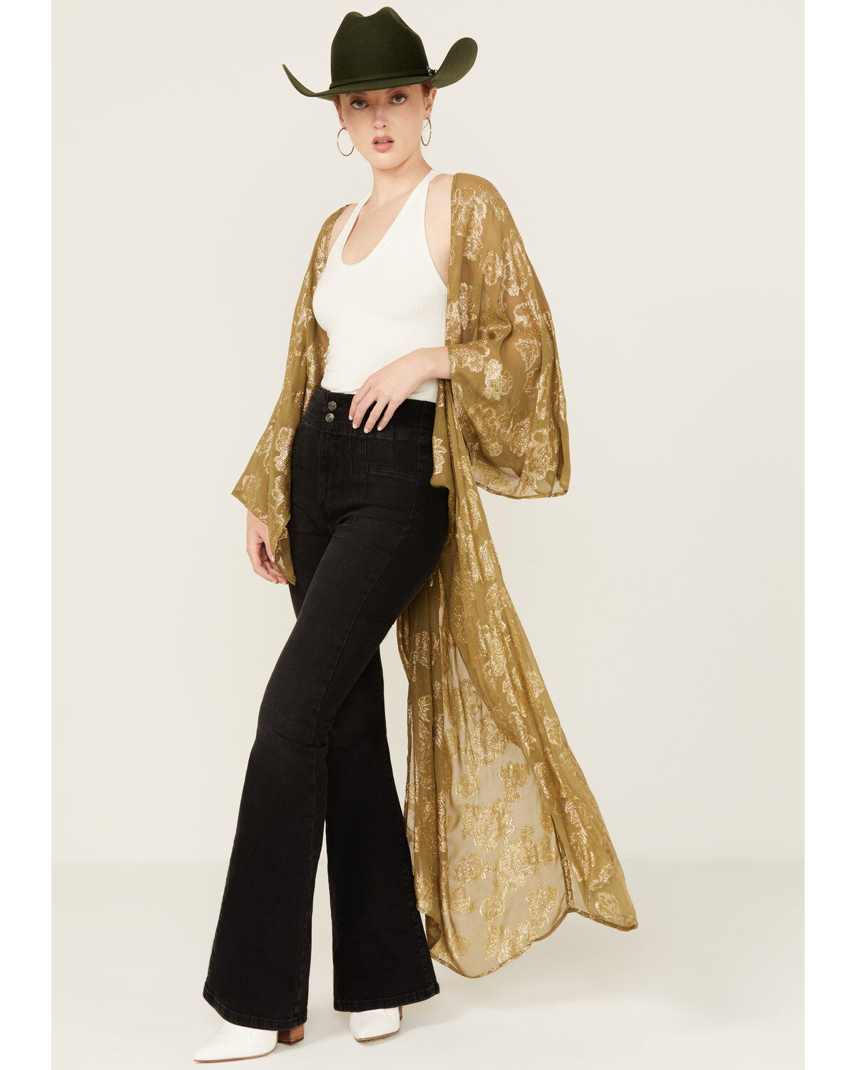 Women's En Creme Floral Metallic Long Sleeve Duster Kimono