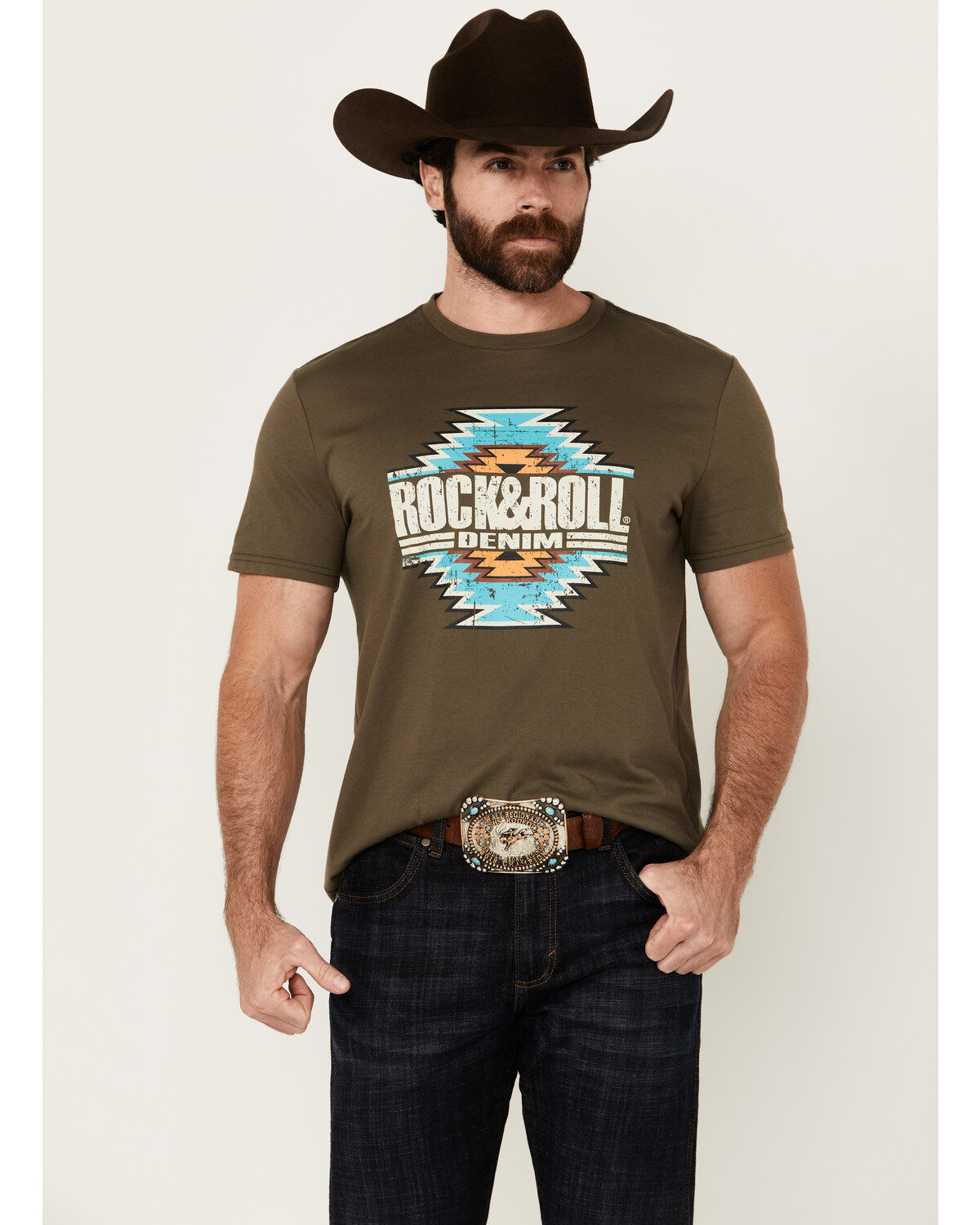 Men's Rock & Roll Denim Southwestern Print Logo Short Sleeve Graphic T