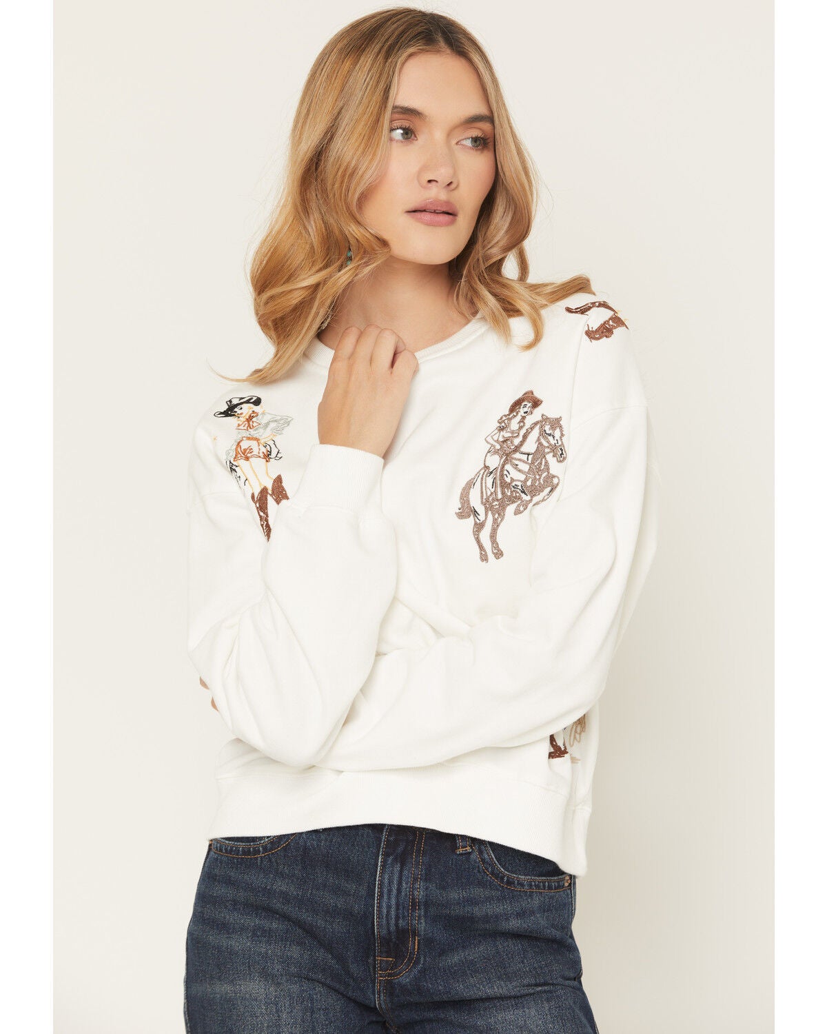 Women's Blue B Cowgirl Conversation Embroidered Crewneck