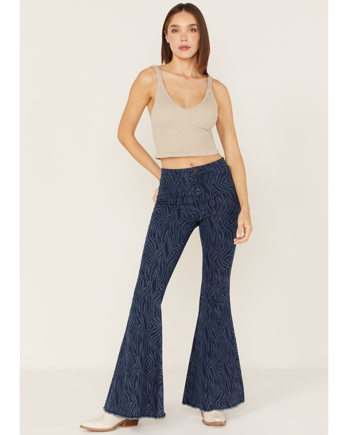 Women's Rock & Roll Denim Tiger Print High Rise Stretch Flare Jeans