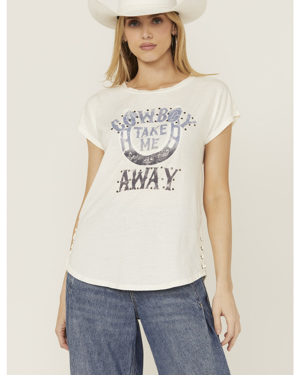 Women's Shyanne Cowboy Take Me Away Studded Short Sleeve Graphic Tee