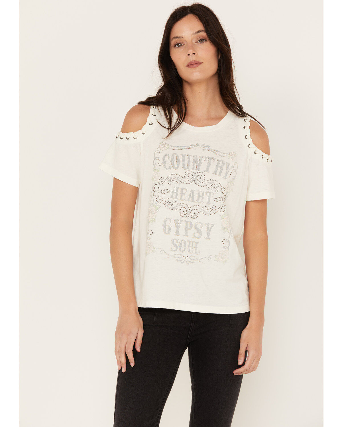 Women's Blended Cold Shoulder Country Heart Short Sleeve Graphic Tee