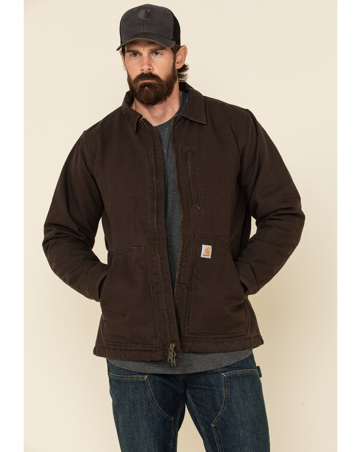 Men's Carhartt Dark Brown Washed Duck Sherpa Lined Work Coat - Tall