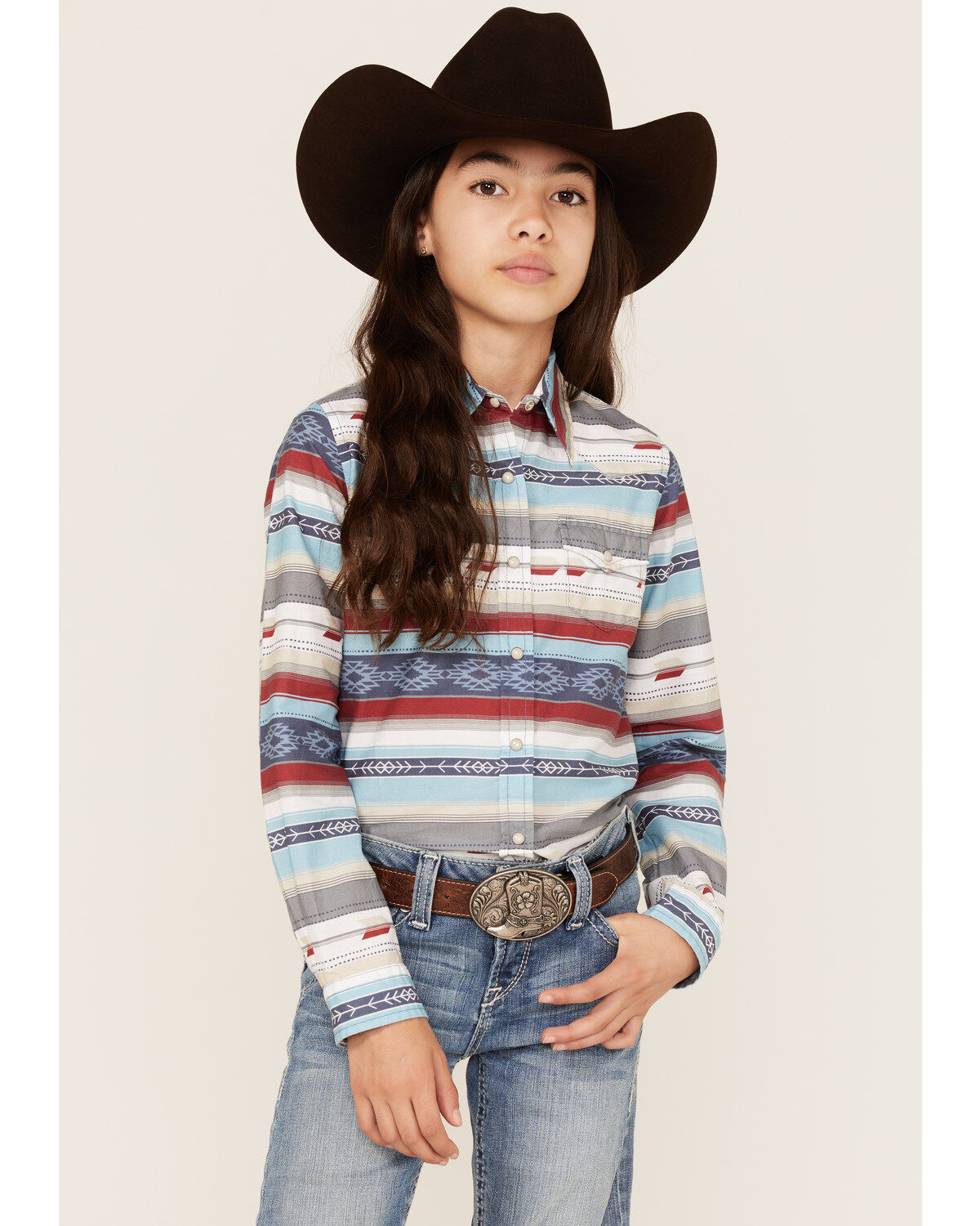 Girls' Roper West Made Southwestern Stripe Print Long Sleeve Western S