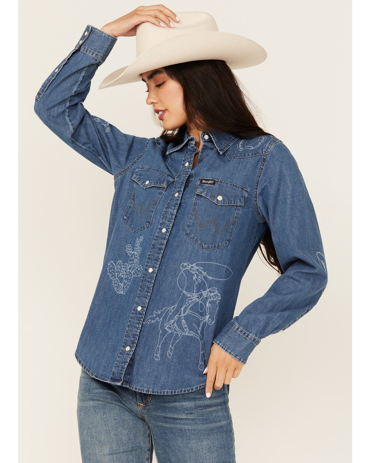 Women's Wrangler Retro Cowboy Long Sleeve Snap Denim Western Shirt