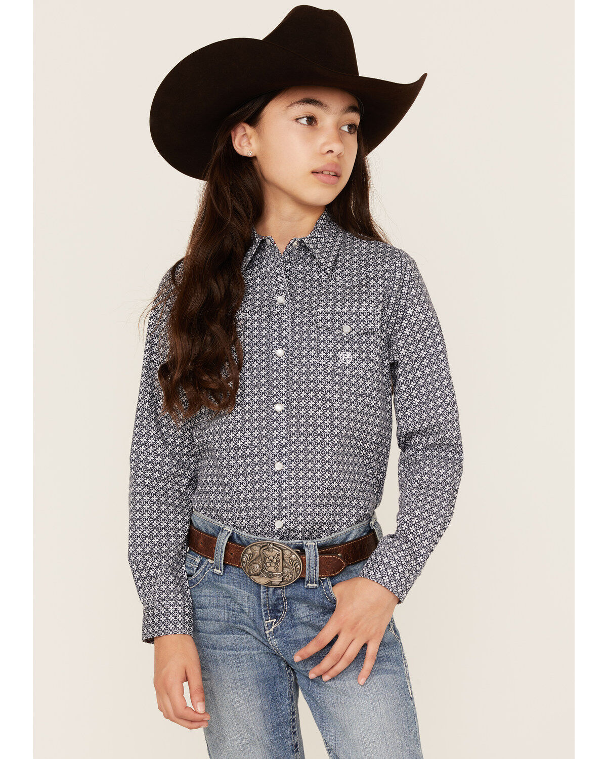 Girls' Roper Amarillo Floral Print Long Sleeve Western Pearl Snap Shir